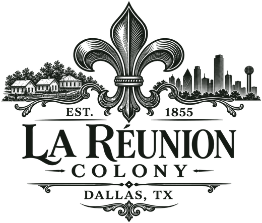 La Réunion Colony, Dallas, TX, established 1855. Fleur-de-lis logo.