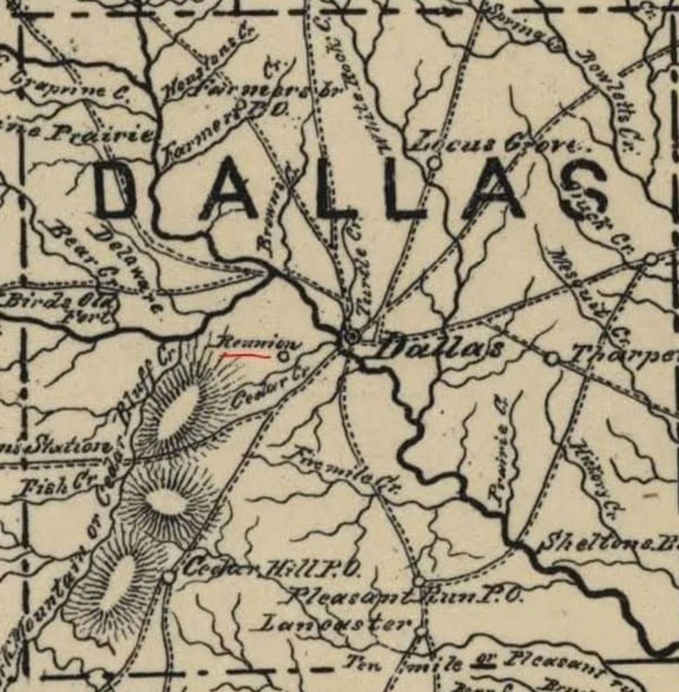 Mapa del condado de Dallas con el nombre La Réunion subrayado en rojo.
