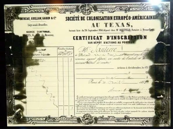 Certificado de acciones de la Société de Colonisation Européo-Américaine au Texas, extendido a nombre de Santerre.